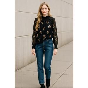 Sundance Boho Fleur Fare Embroidered Black Floral Semisheer Blouse Cupro Lined M